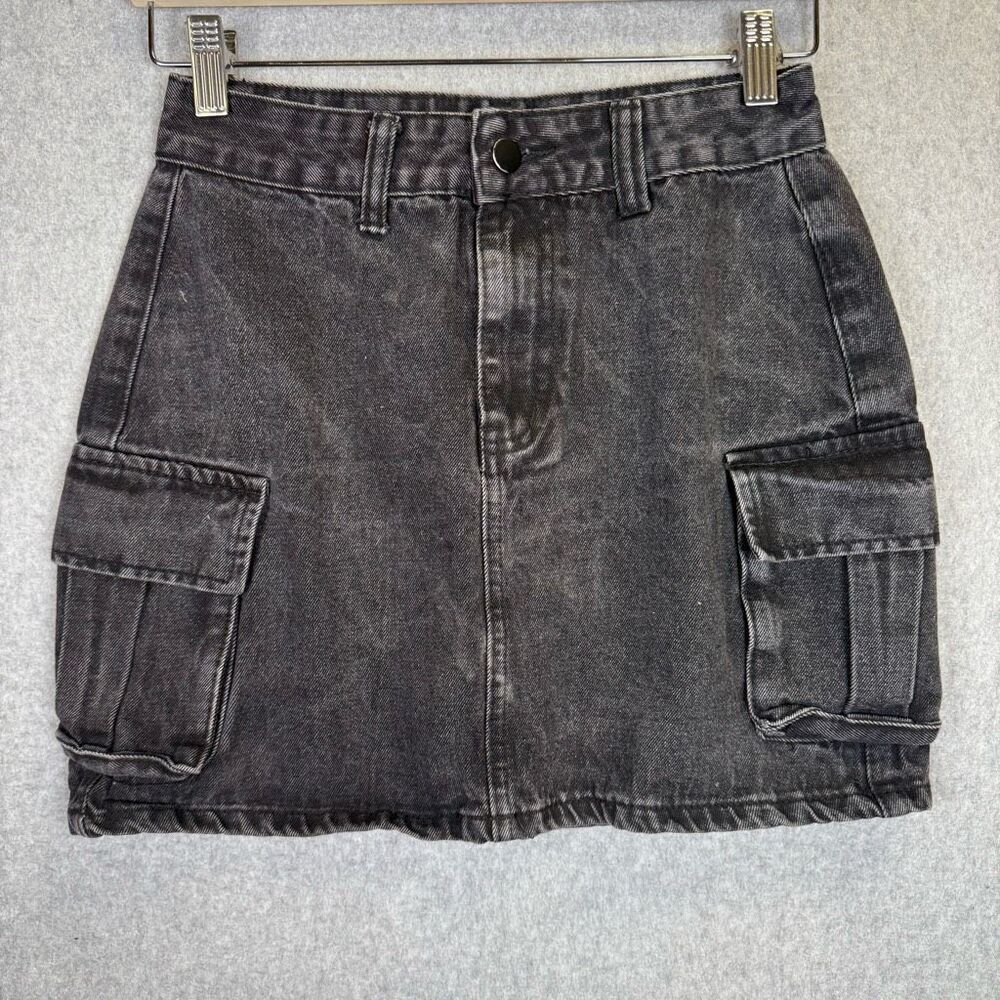 Romwe Wonens Size Small A Line Denim Mini Skirt Black Flap Pockets Zip Front
